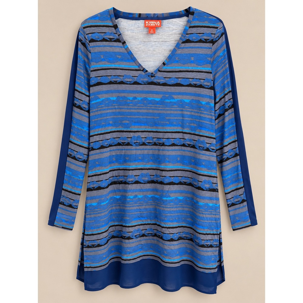 Kirna Zabete Women Tunic Top M Blue Grey Striped V-Neck Sheer Hem Long Sleeve